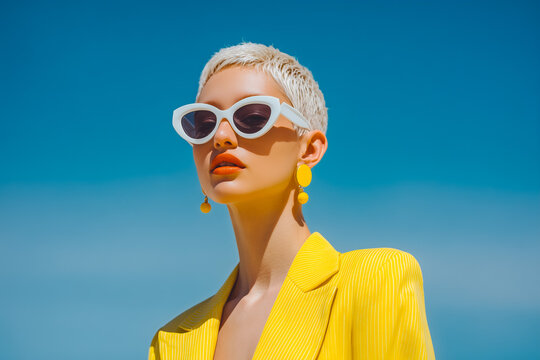 Fashion portrait of a stylish woman wearing oversized white sunglasses and a bright yellow outfit against a blue sky background. The bold color contrast and clean composition create a modern pop aesth