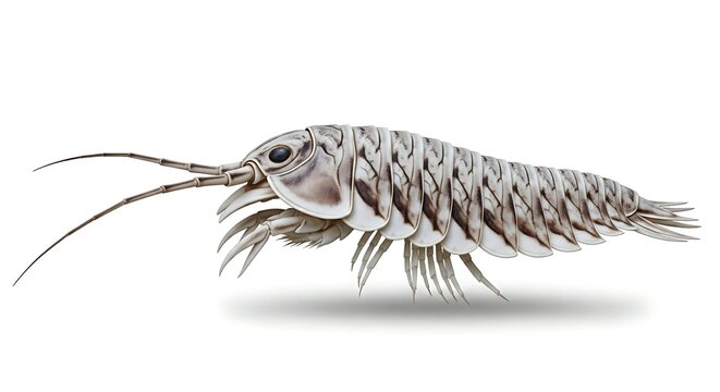 A detailed illustration of a giant isopod, highlighting its segmented body and multiple legs, isolated on a white background.