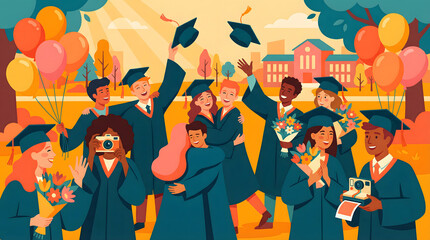 Obraz premium Graduating students celebrating by tossing caps and posing for group photos on campus with colorful balloons and flowers