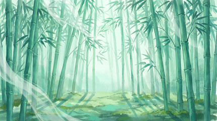 Naklejka premium Serene bamboo forest with misty atmosphere and soft light filtering through lush green stalks