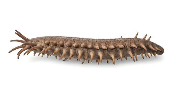 A detailed side view of a brown velvet worm, showcasing its unique texture and numerous stubby legs.