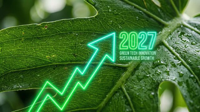 Green arrow pointing upward on leaf surface showing 2027 year. Sustainable growth forecast and eco technology innovation concept for global environment future news.