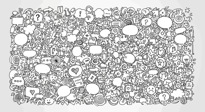 Intricate hand-drawn doodle art with speech bubbles and fun symbols
