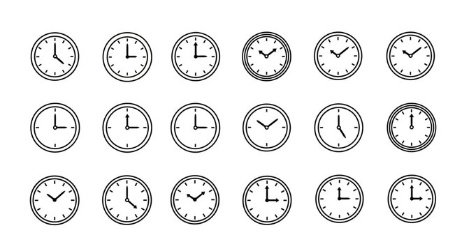 Minimalist clock faces set with various time displays in black and white