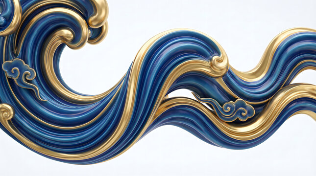 Blue and gold wave pattern in traditional Chinese style decorative illustration with auspicious cloud motifs