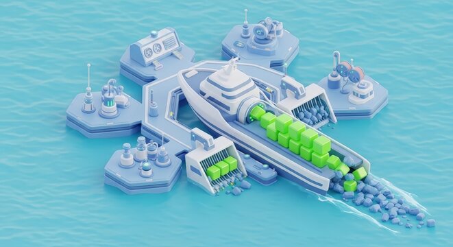 Modern cargo ship and escort boats.