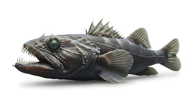 An ominous deep-sea viperfish or dragonfish with huge eyes and razor-sharp teeth on white.