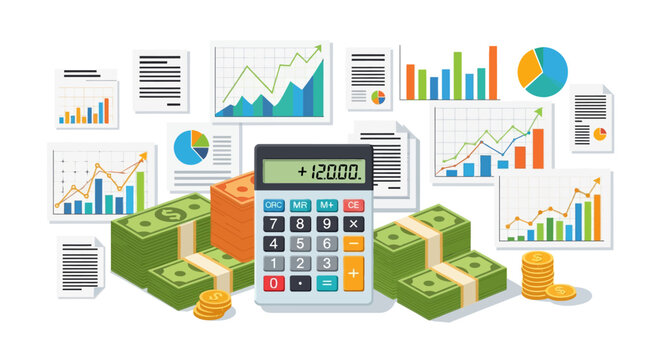 Business data analysis with calculator and growing graphs in flat design