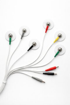 Electrocardiogram ECG EKG Electrodes for Cardiology Medical Healthcare Diagnostics Sensors Monitoring Heart Clinical Cables Biomedical Technology Equipment Isolated on White Background