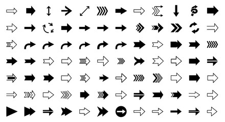 Fototapeta premium Collection of diverse black and white arrow icons representing direction