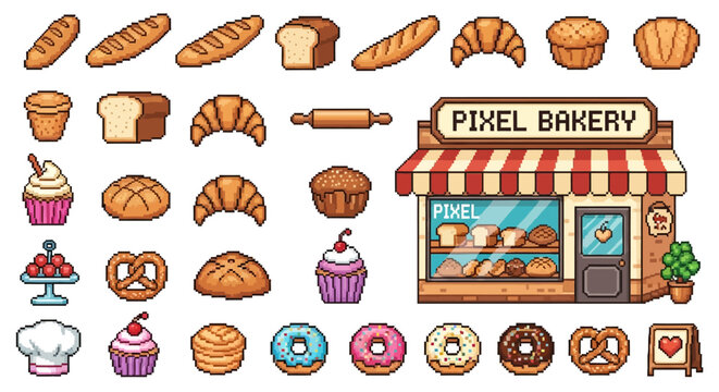 Pixel art bakery icons: breads, pastries, and sweet treats collection