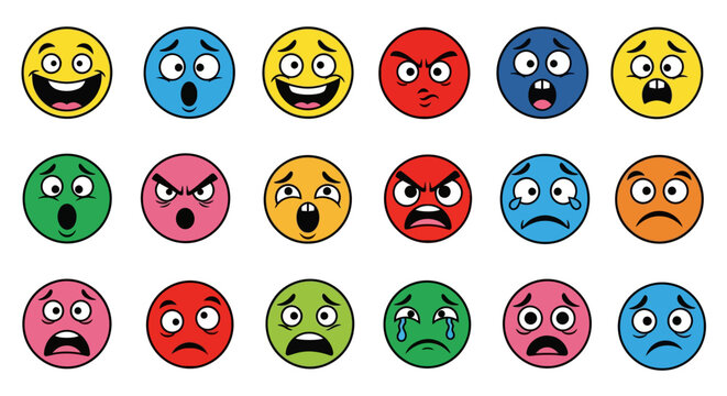 Colorful cartoon emoji faces expressing a range of emotions on white background