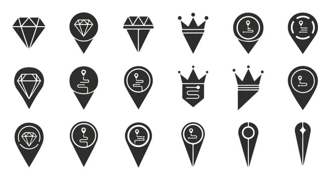 Collection of 20 black and white map marker icons with various symbols on a plain white background.