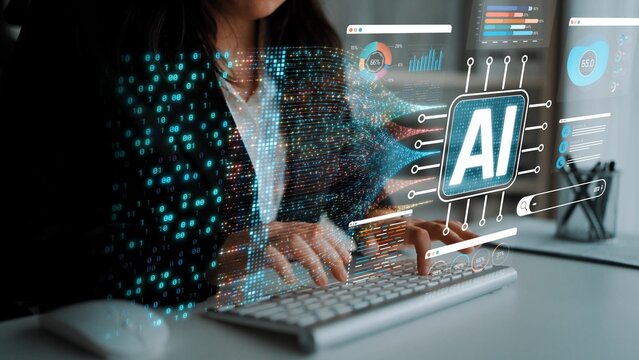 Professional Woman Engaged in Artificial Intelligence Research with Digital Data Analysis Overlays in a Modern Workspace Environment Sigmoid