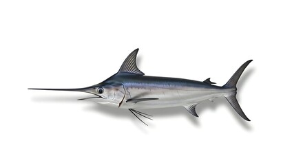 Fototapeta premium A powerful swordfish with its long, sword-like bill, sleek body, and prominent dorsal fin, isolated on white.