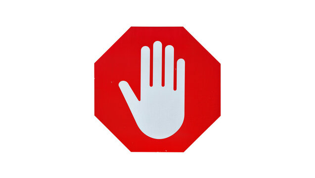 Red octagonal stop sign with a prominent white hand symbol, isolated on transparent background for safety warnings