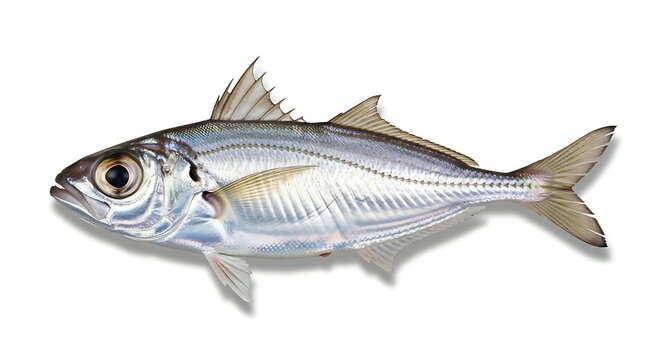 A sleek, silvery mackerel scad, or horse mackerel, with a streamlined body and prominent fins, isolated.