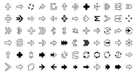 Fototapeta premium Collection of diverse hand drawn arrow icons and symbols for navigation