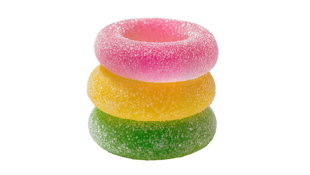 Stacked colorful sugar-coated gummy rings, isolated on transparent background for candy