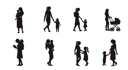 Fototapeta premium Diverse motherhood silhouettes carrying walking strolling and pregnancy moments