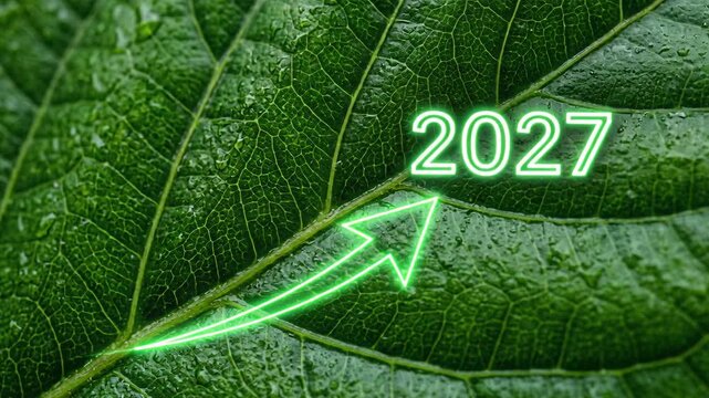 Green glowing arrow pointing towards 2027 on a wet leaf. Growth concept for New Year 2027 celebration. Eco friendly business progress and future success success.