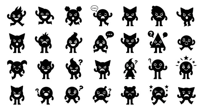 Silhouette cartoon characters with expressive faces and diverse emotions