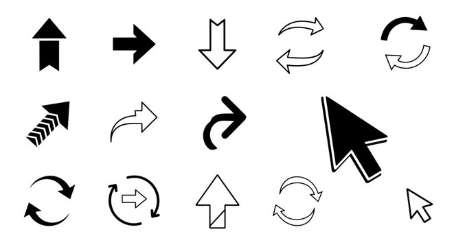 Collection of various black and white arrow and cursor icons on white background