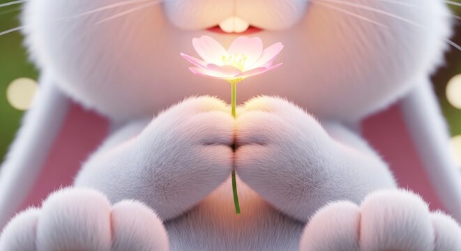 White rabbit holding a flower close.