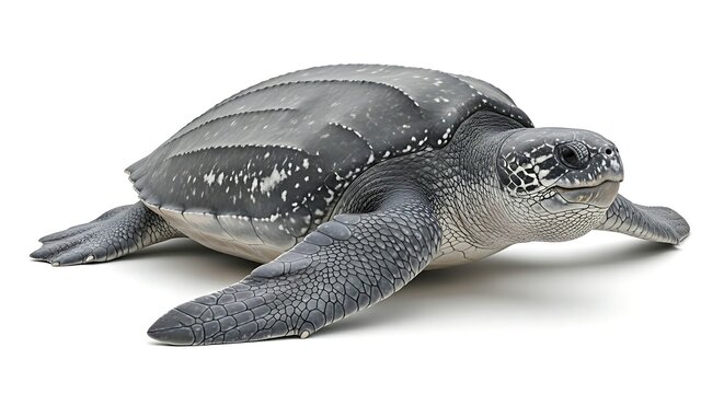 A large leatherback sea turtle, with its distinct ridged shell, is depicted in a studio shot.