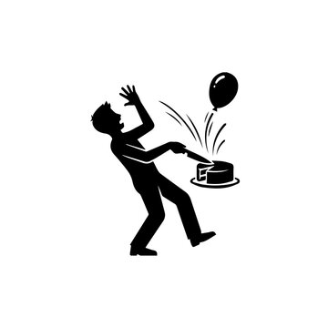 Silhouette of a person surprised by a balloon popping out of a cake, April Fools prank icon