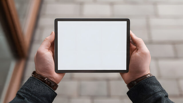 Hands holding a blank white screen tablet device horizontally in an outdoor setting with brick pavement.