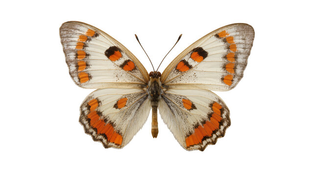 Delicate white and orange butterfly with intricate black spots and brown body, isolated on transparent background for nature designs