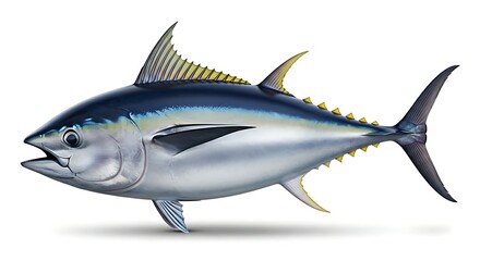Obraz premium A large yellowfin tuna fish with metallic blue and silver colors swimming majestically in the ocean.