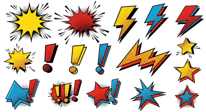 Comic style pop art bursts and symbols with halftone effect