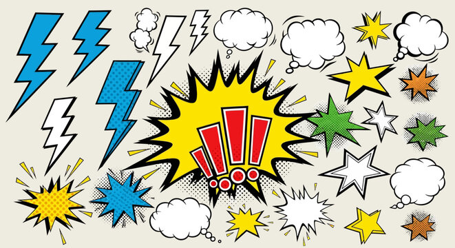 Colorful comic style pop art elements with speech bubbles and dynamic explosions