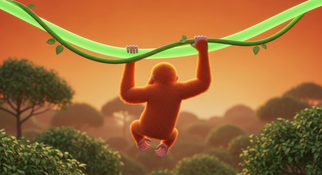 Monkey swinging on green vine rope.