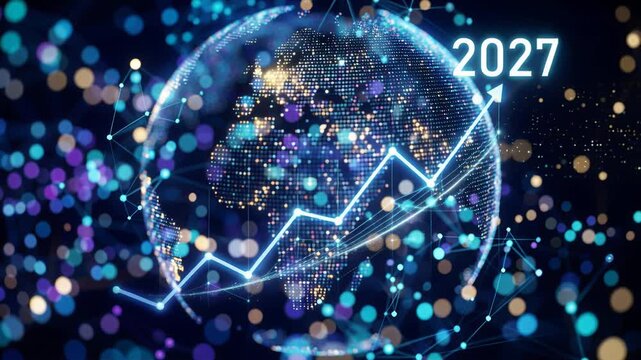 Financial growth chart with rising arrow marking 2027 year. Global business development data concept. Digital network globe showing economic success for new year.