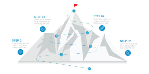Mountain info graphic with a red flag on top and a path leading to the summit, representing a journey or challenge. presentation vector info graphics.  © BrandVectora