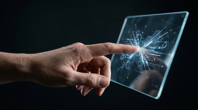 Man touching glowing futuristic screen interface. Digital data visualization with light traces. Innovative technology concept for cybersecurity, virtual network and modern science research.