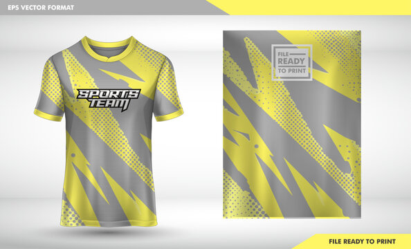 Abstract Grey and Yellow Sportswear T shirt Mockup with Dynamic Geometric Pattern and Halftone Details for Custom Team Kit