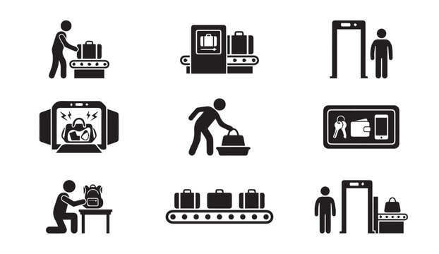 Airport security scanner and baggage handling icons with conveyor belt