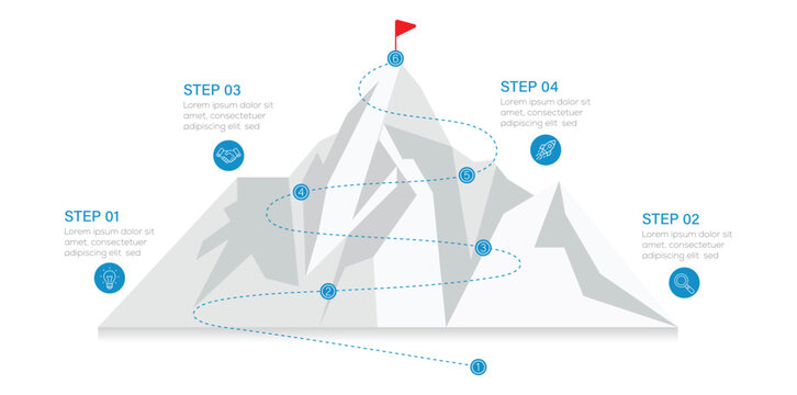 Mountain info graphic with a red flag on top and a path leading to the summit, representing a journey or challenge. presentation vector info graphics. 