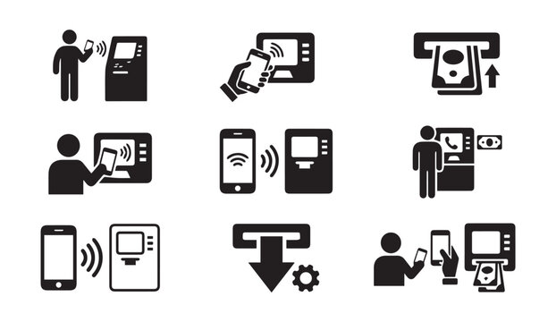 Mobile payment and atm transaction icons with payment system