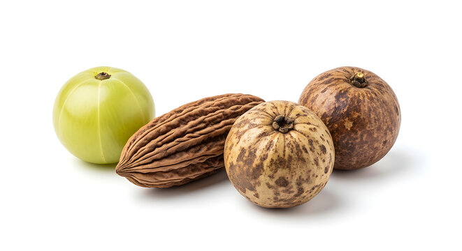Triphala herbal ingredients featuring fresh amla fruit along with haritaki and bibhitaki dried seeds