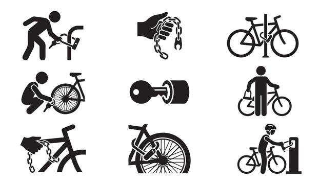 Bicycle repair and security icons set with bicycle lock with bike rack