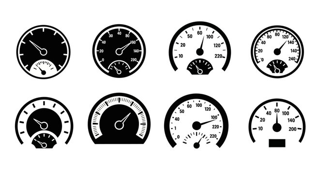 Collection of black speedometer gauges and dashboard instruments icons