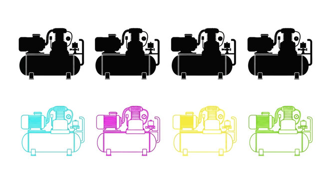 Four colorful air compressors depicted in a linear schematic style