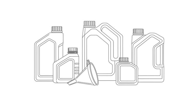Line art illustration of oil containers and a funnel