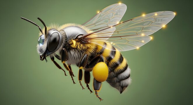 Detailed 3D futuristic honeybee in flight carrying bright pollen load