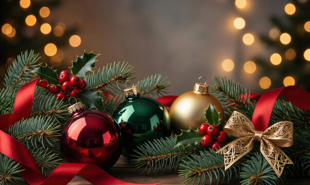 A horizontal poster mockup is clipped and suspended against a light wall, displaying a festive arrangement of evergreen branches, red, green, and gold ornaments, holly leaves, red berries, a red ribbo